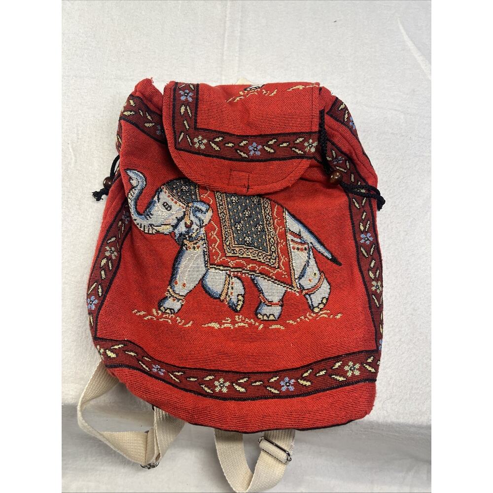 Canvas Backpack Elephant Pattern Adjustable Straps‎ Handmade Drawstrings, Red - Picture 6 of 9